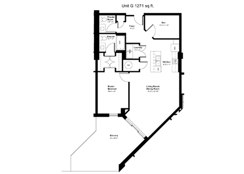 Floor plan for 1 bed, 1.5 baths, 951 sqft